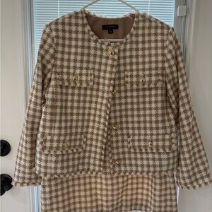 Ann Taylor White and Tan Checkered Tweed Blazer and Skirt